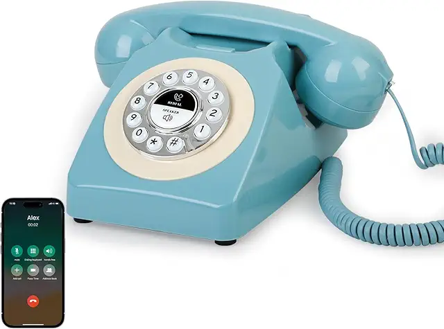 Retro Blue Bluetooth Landline Phone, Mid-Century Style Desk Telephone with Classic Handset, Loud Vintage Ringtones, Blueto...