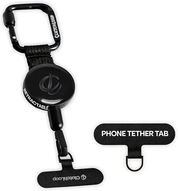 ClutchLoop Anti-Theft Phone Tether. Retractable steel line, Universal anchor & Locking carabiner